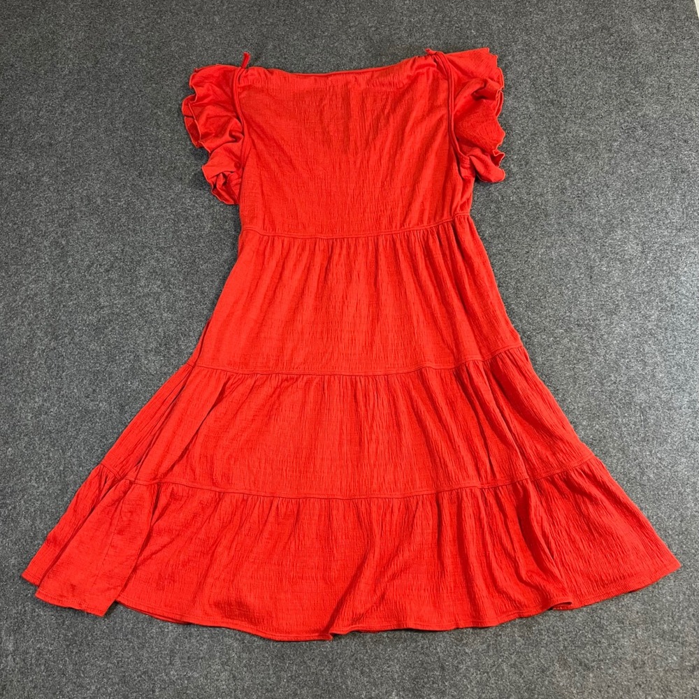 Max Studio Red Flutter Sleeve Tiered Mini Dress V-Neck Crinkle Gauze Cottagecore - Picture 2 of 12